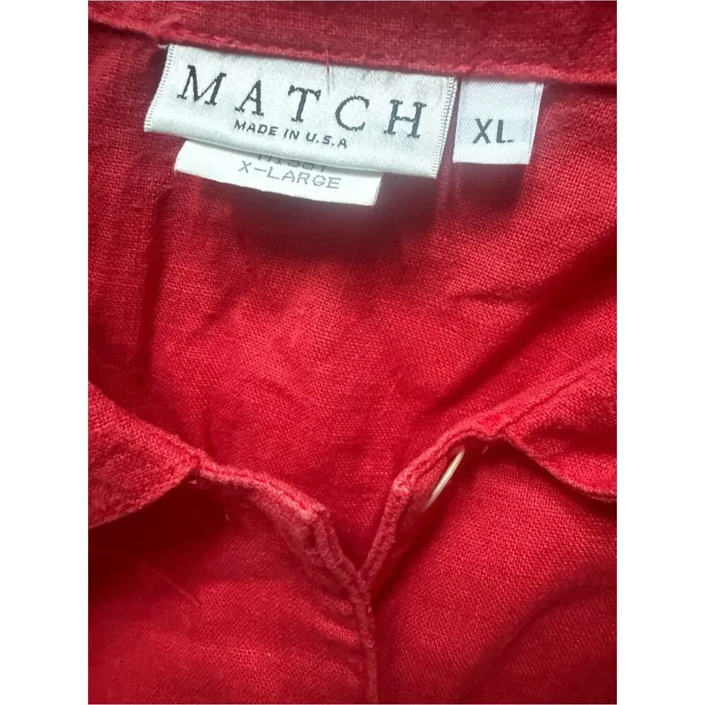 Vintage Match USA Red Linen Embroidered Floral Shirt & Shorts Set XL Cottagecore